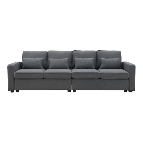 Beige/Dark Grey/Light Grey 4-Seater Modern Linen Sofa with Armrest Pockets & 4 Pillows