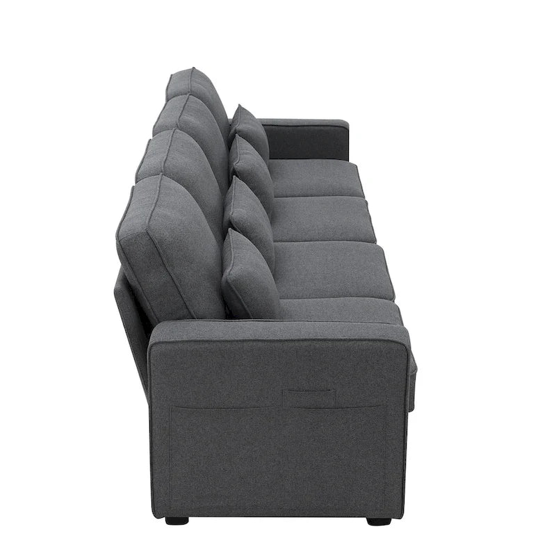 Beige/Dark Grey/Light Grey 4-Seater Modern Linen Sofa with Armrest Pockets & 4 Pillows