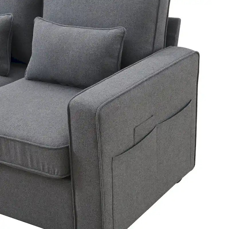 Beige/Dark Grey/Light Grey 4-Seater Modern Linen Sofa with Armrest Pockets & 4 Pillows