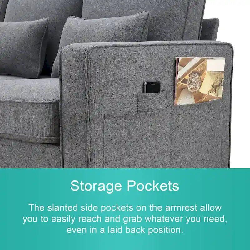 Beige/Dark Grey/Light Grey 4-Seater Modern Linen Sofa with Armrest Pockets & 4 Pillows