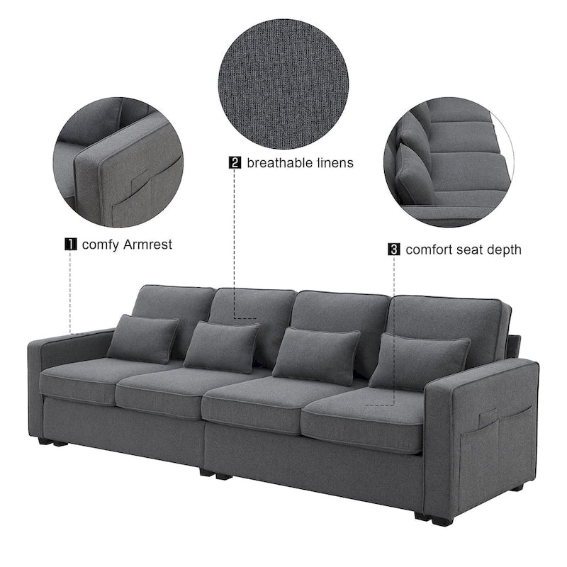 Beige/Dark Grey/Light Grey 4-Seater Modern Linen Sofa with Armrest Pockets & 4 Pillows