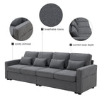 Beige/Dark Grey/Light Grey 4-Seater Modern Linen Sofa with Armrest Pockets & 4 Pillows