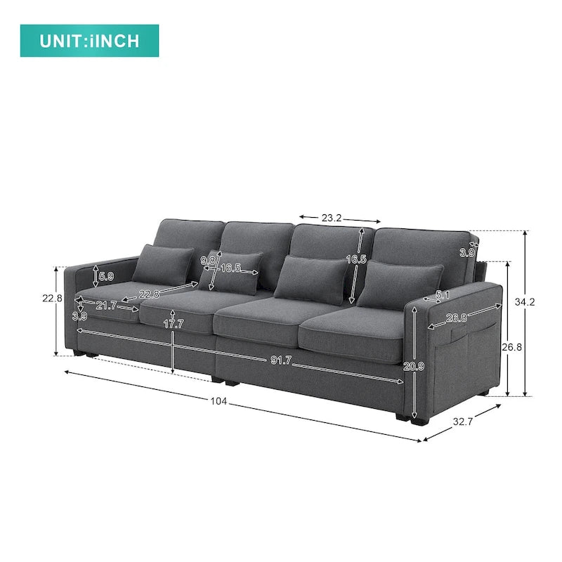 Beige/Dark Grey/Light Grey 4-Seater Modern Linen Sofa with Armrest Pockets & 4 Pillows