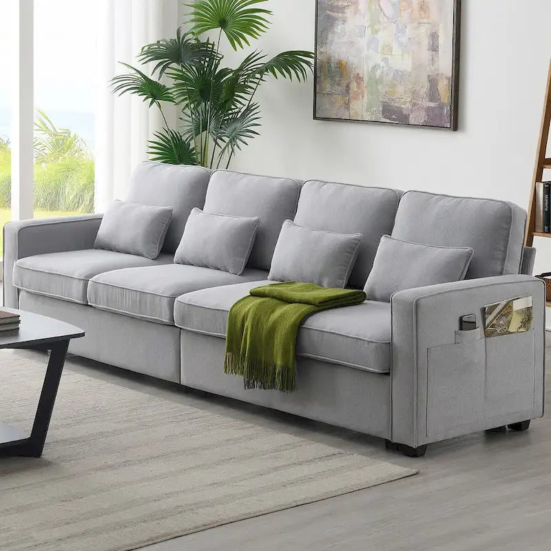 Beige/Dark Grey/Light Grey 4-Seater Modern Linen Sofa with Armrest Pockets & 4 Pillows