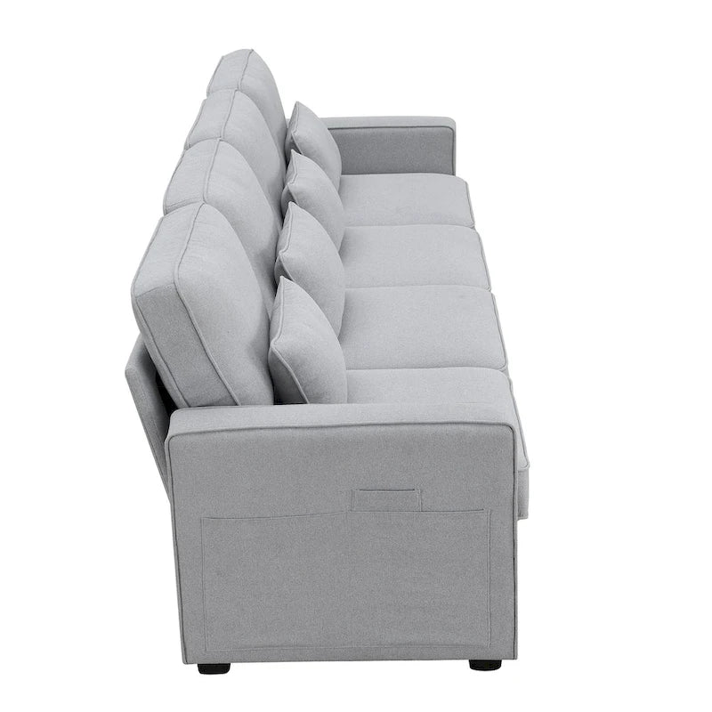 Beige/Dark Grey/Light Grey 4-Seater Modern Linen Sofa with Armrest Pockets & 4 Pillows