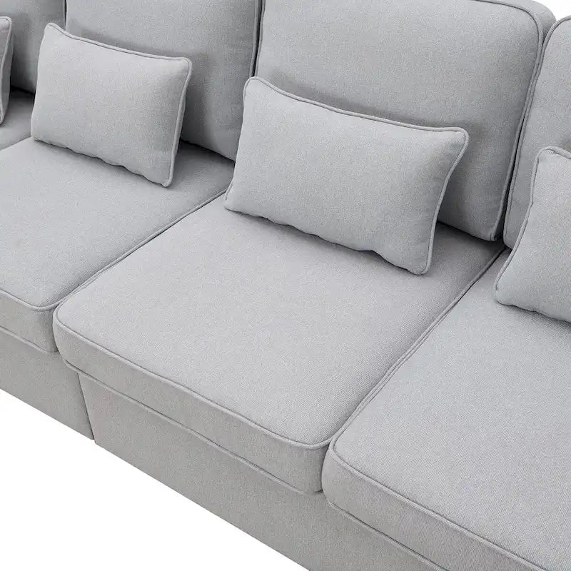 Beige/Dark Grey/Light Grey 4-Seater Modern Linen Sofa with Armrest Pockets & 4 Pillows