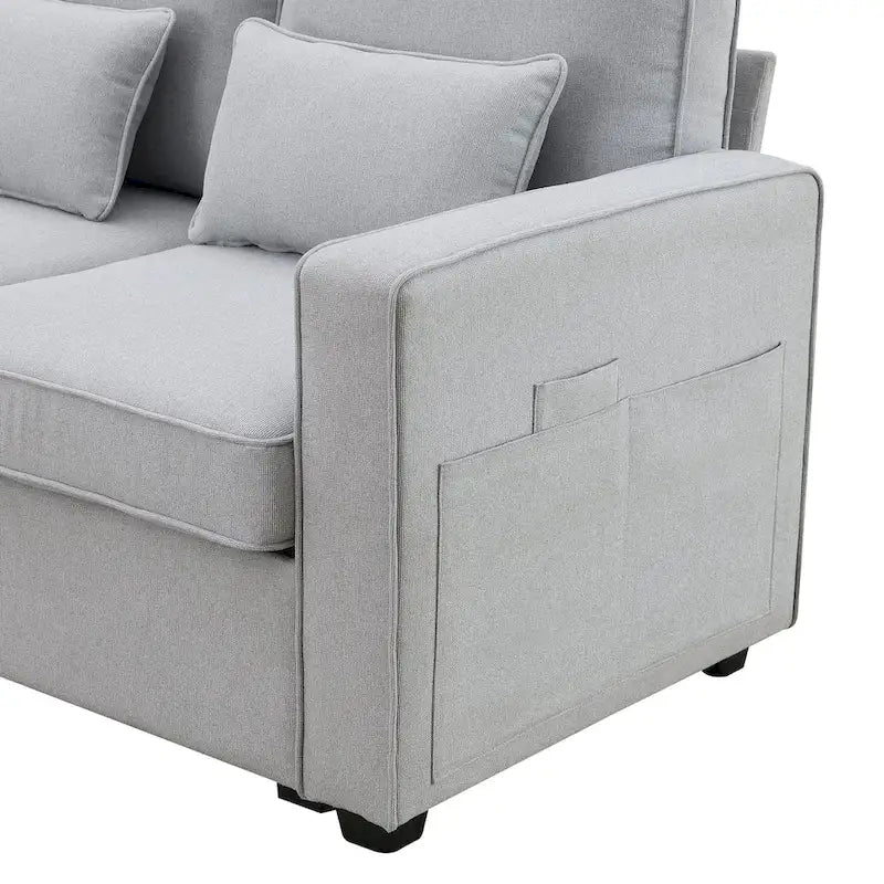 Beige/Dark Grey/Light Grey 4-Seater Modern Linen Sofa with Armrest Pockets & 4 Pillows