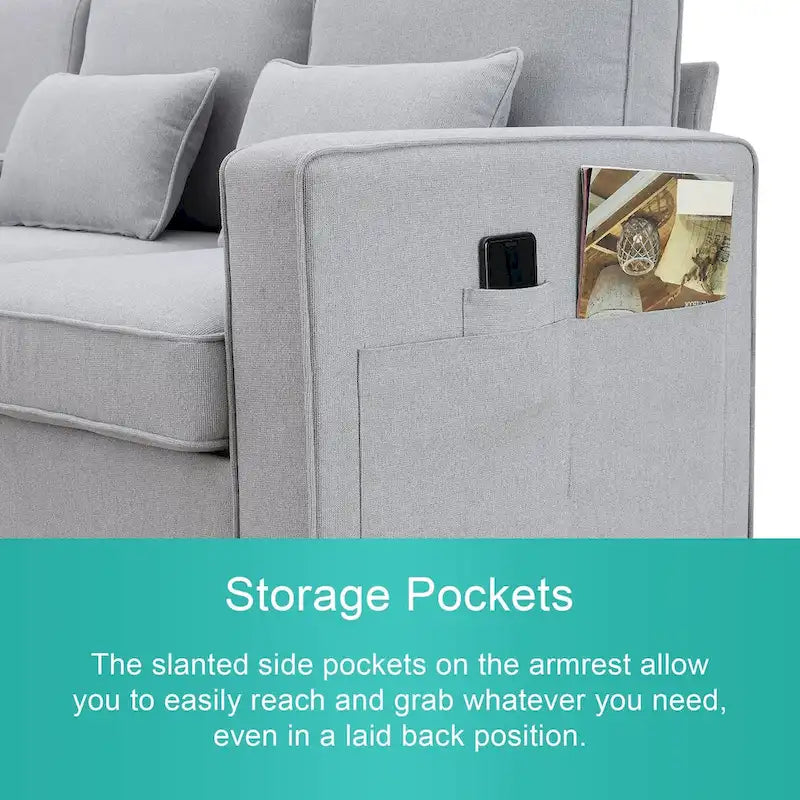 Beige/Dark Grey/Light Grey 4-Seater Modern Linen Sofa with Armrest Pockets & 4 Pillows