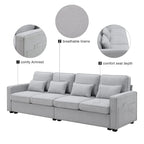 Beige/Dark Grey/Light Grey 4-Seater Modern Linen Sofa with Armrest Pockets & 4 Pillows
