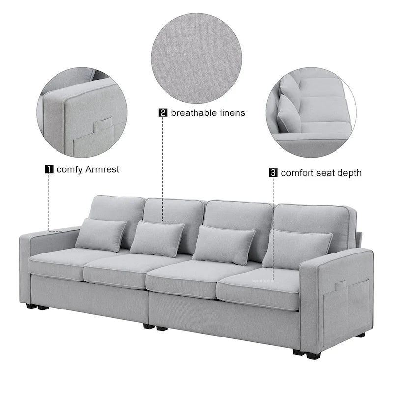 Beige/Dark Grey/Light Grey 4-Seater Modern Linen Sofa with Armrest Pockets & 4 Pillows