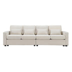 Beige/Dark Grey/Light Grey 4-Seater Modern Linen Sofa with Armrest Pockets & 4 Pillows