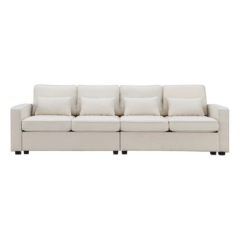 Beige/Dark Grey/Light Grey 4-Seater Modern Linen Sofa with Armrest Pockets & 4 Pillows