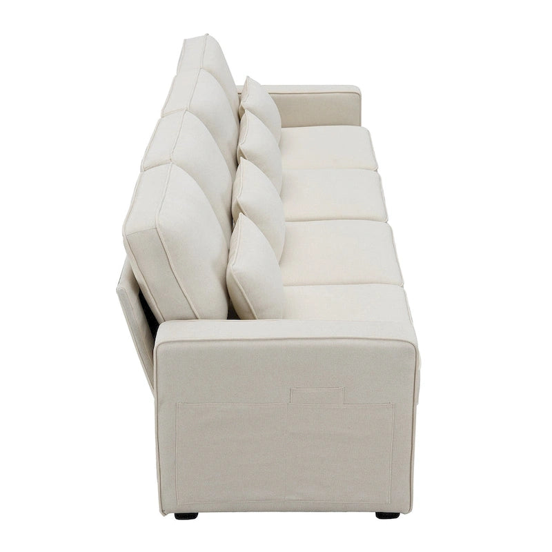 Beige/Dark Grey/Light Grey 4-Seater Modern Linen Sofa with Armrest Pockets & 4 Pillows