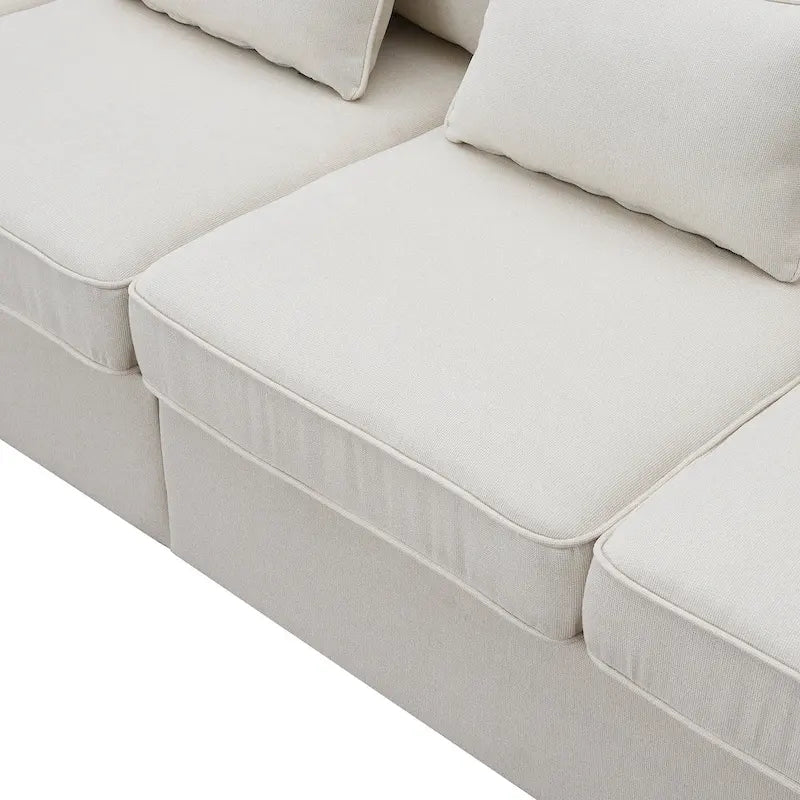 Beige/Dark Grey/Light Grey 4-Seater Modern Linen Sofa with Armrest Pockets & 4 Pillows