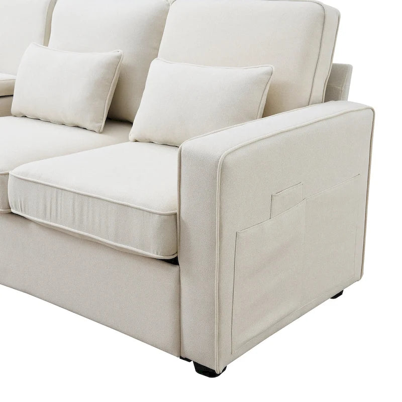 Beige/Dark Grey/Light Grey 4-Seater Modern Linen Sofa with Armrest Pockets & 4 Pillows