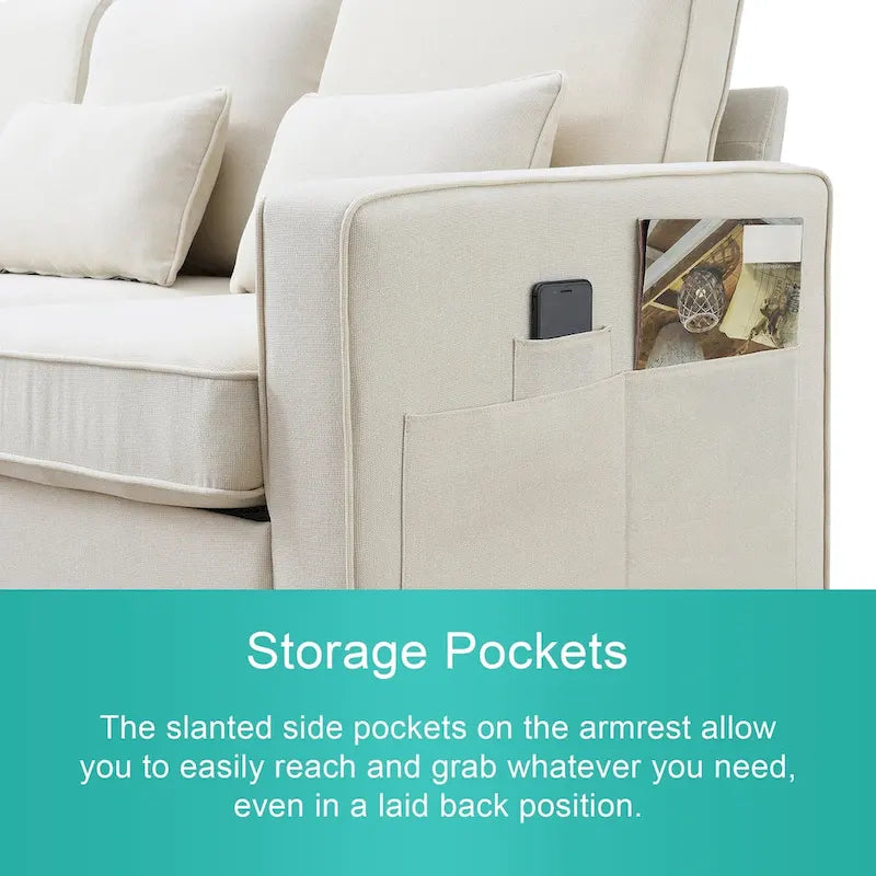 Beige/Dark Grey/Light Grey 4-Seater Modern Linen Sofa with Armrest Pockets & 4 Pillows