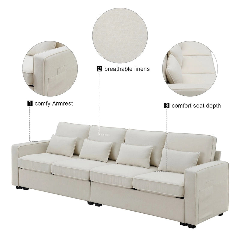 Beige/Dark Grey/Light Grey 4-Seater Modern Linen Sofa with Armrest Pockets & 4 Pillows