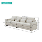 Beige/Dark Grey/Light Grey 4-Seater Modern Linen Sofa with Armrest Pockets & 4 Pillows