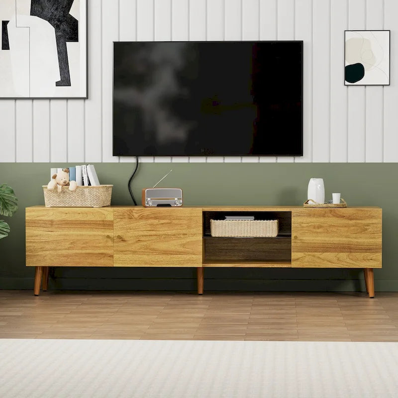 Brown Oak Mid-Century TV Stand, 3-Door, 1-Person Assembly