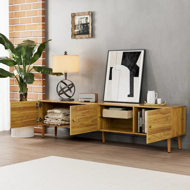 Brown Oak Mid-Century TV Stand, 3-Door, 1-Person Assembly