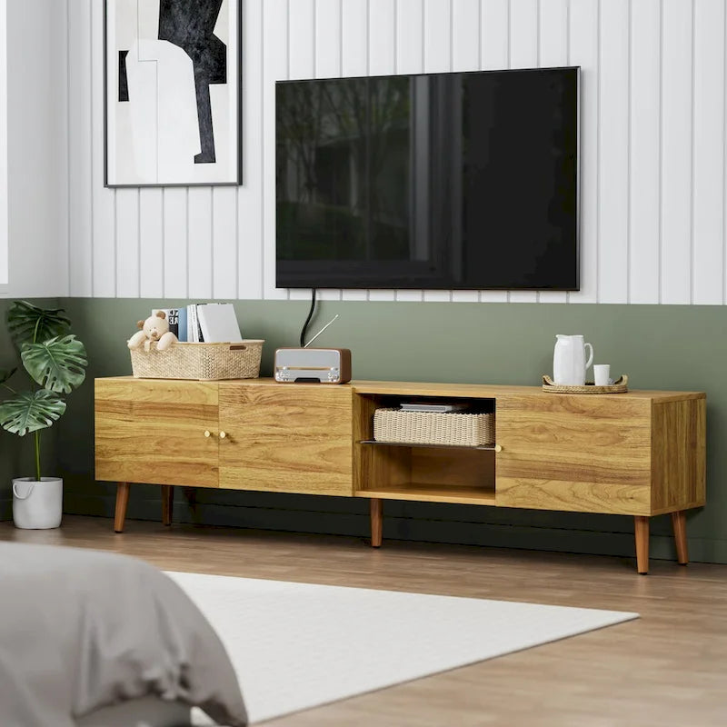 Brown Oak Mid-Century TV Stand, 3-Door, 1-Person Assembly
