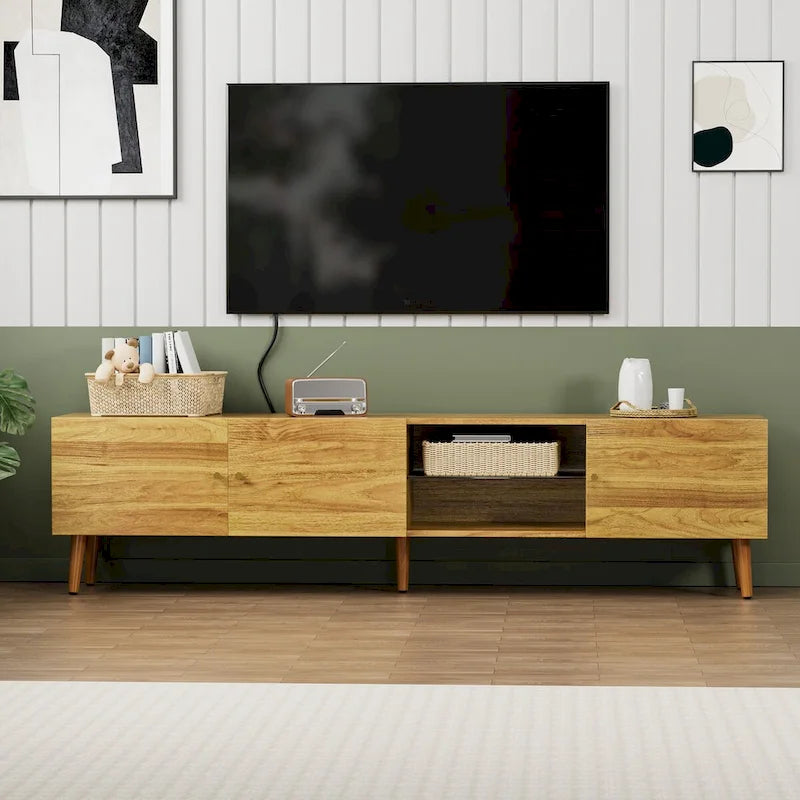 Brown Oak Mid-Century TV Stand, 3-Door, 1-Person Assembly