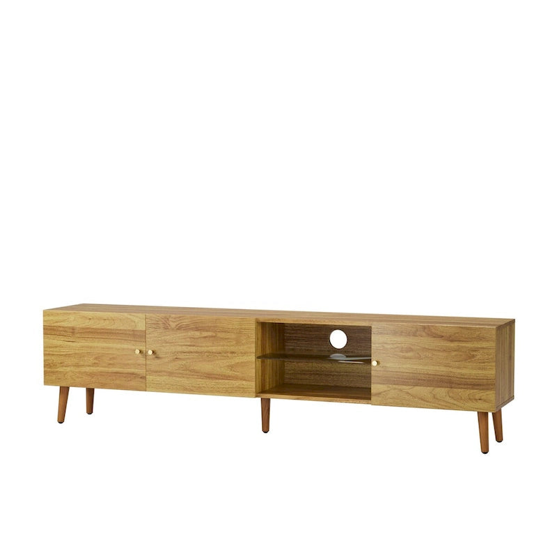 Brown Oak Mid-Century TV Stand, 3-Door, 1-Person Assembly