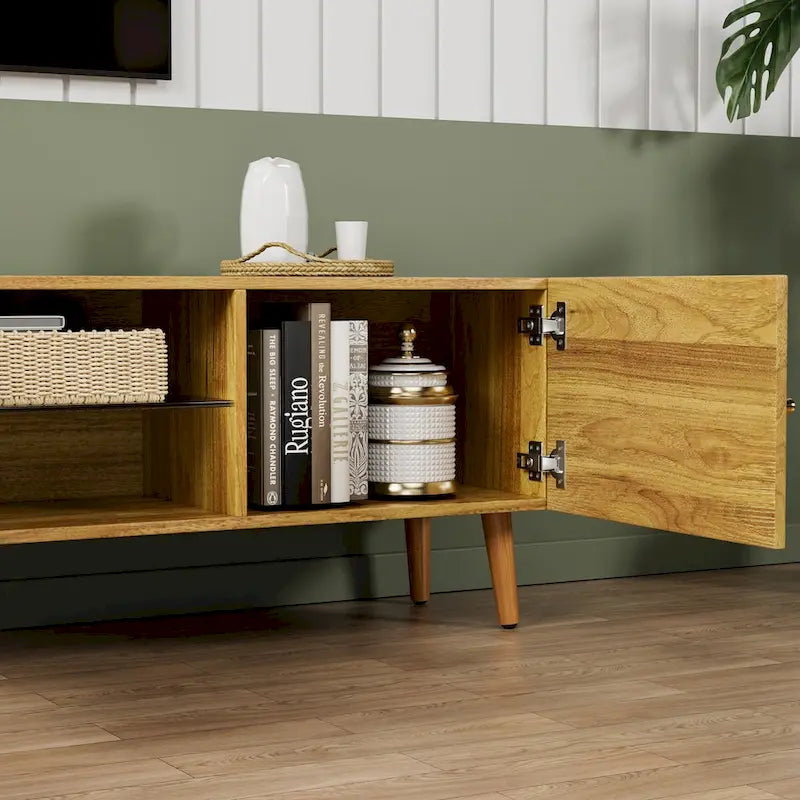 Brown Oak Mid-Century TV Stand, 3-Door, 1-Person Assembly