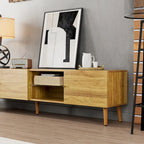 Brown Oak Mid-Century TV Stand, 3-Door, 1-Person Assembly