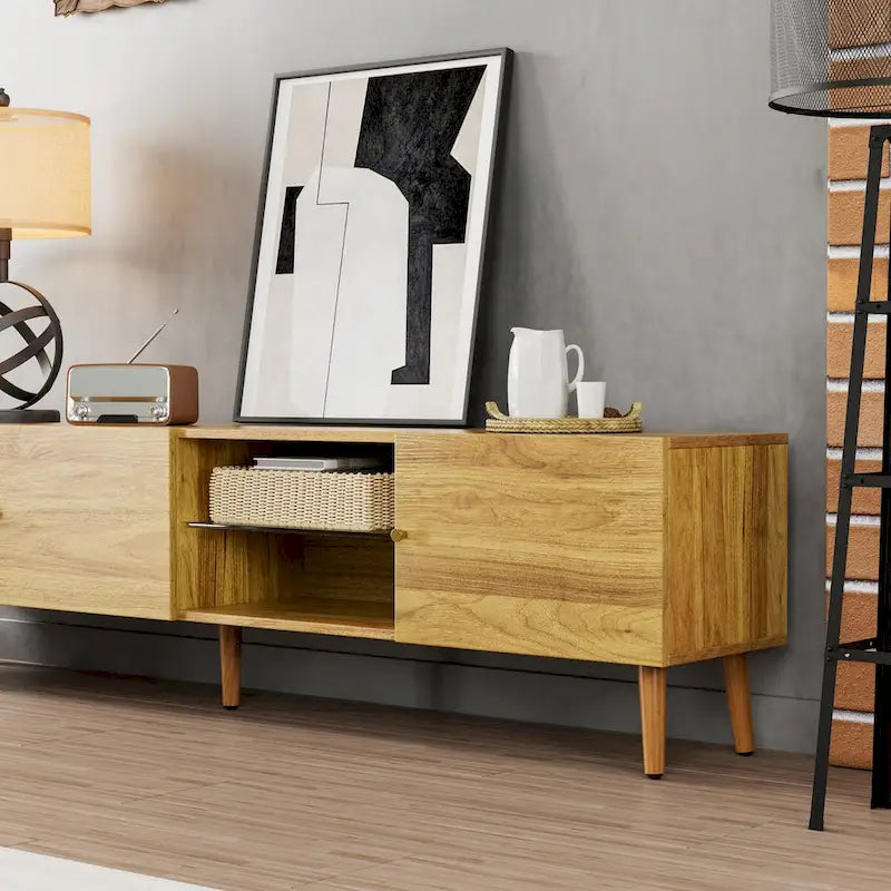 Brown Oak Mid-Century TV Stand, 3-Door, 1-Person Assembly