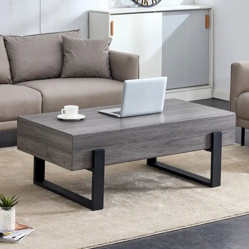 Grey MDF & Black Metal Legs Coffee Table, 2-Person, 47" Rectangle