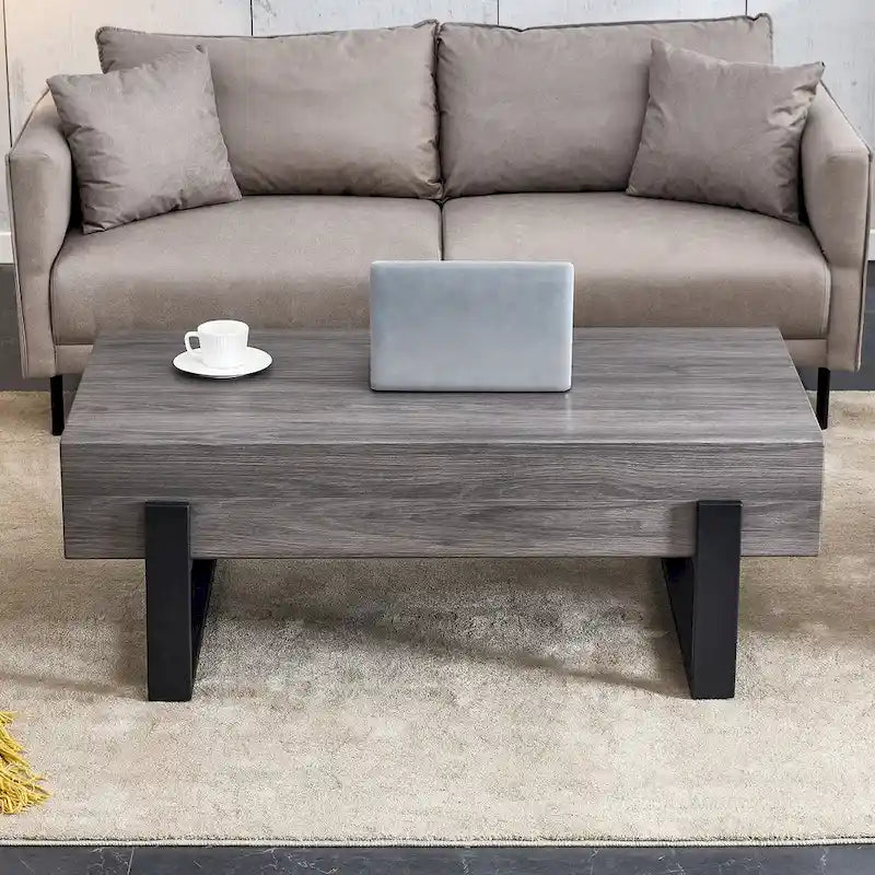 Grey MDF & Black Metal Legs Coffee Table, 2-Person, 47" Rectangle