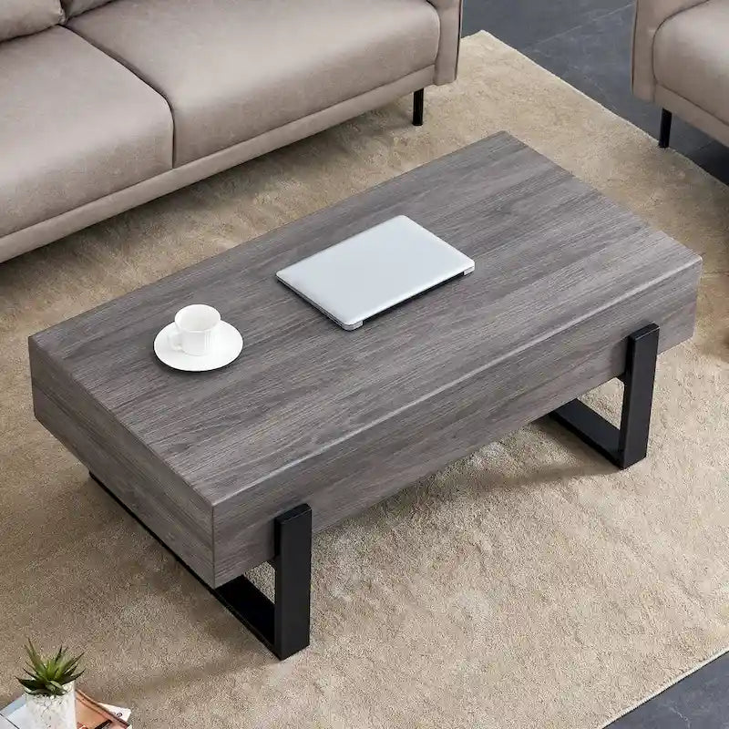 Grey MDF & Black Metal Legs Coffee Table, 2-Person, 47" Rectangle