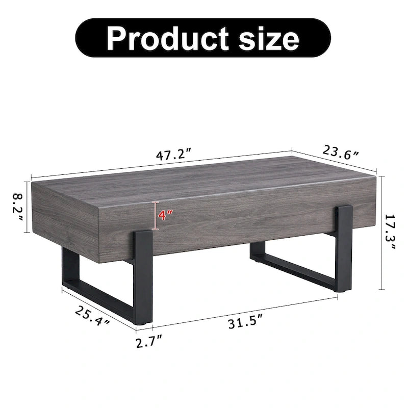 Grey MDF & Black Metal Legs Coffee Table, 2-Person, 47" Rectangle