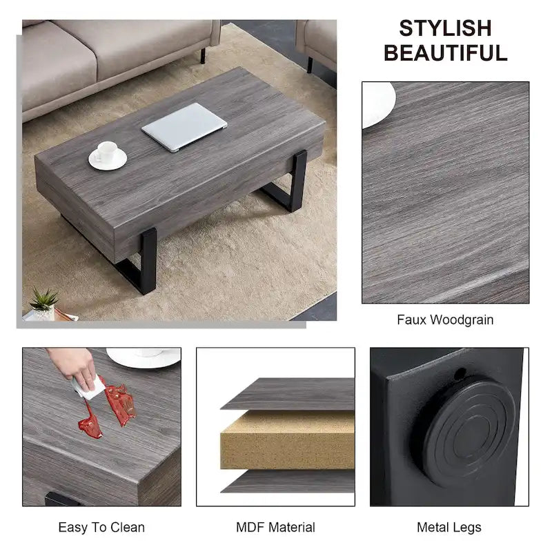 Grey MDF & Black Metal Legs Coffee Table, 2-Person, 47" Rectangle