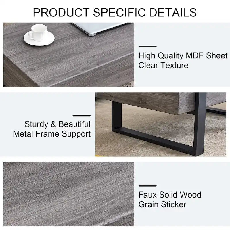 Grey MDF & Black Metal Legs Coffee Table, 2-Person, 47" Rectangle