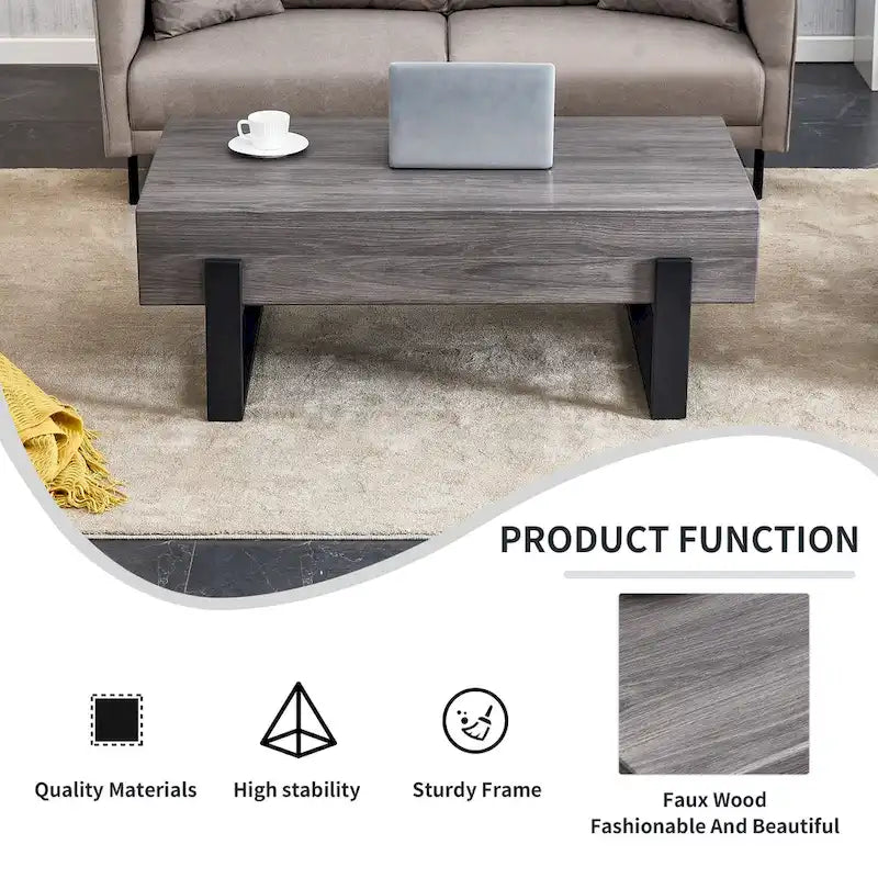 Grey MDF & Black Metal Legs Coffee Table, 2-Person, 47" Rectangle