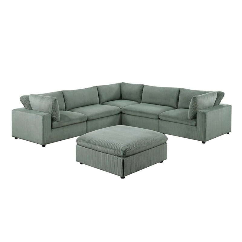 Corduroy Modular Sectional Sofa with Ottoman, Sage/Light Gray, Seats 6