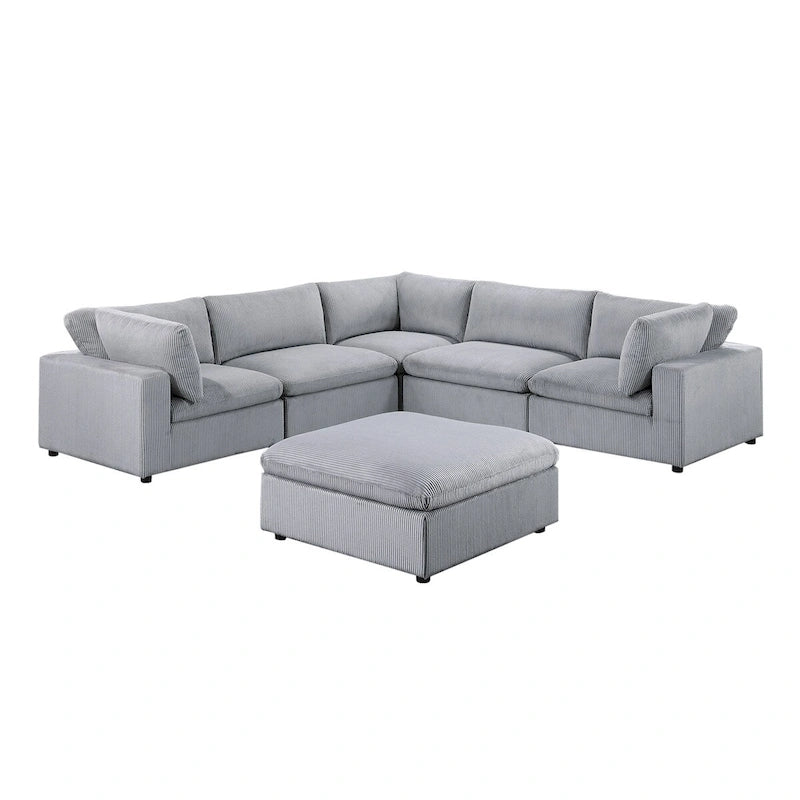 Corduroy Modular Sectional Sofa with Ottoman, Sage/Light Gray, Seats 6