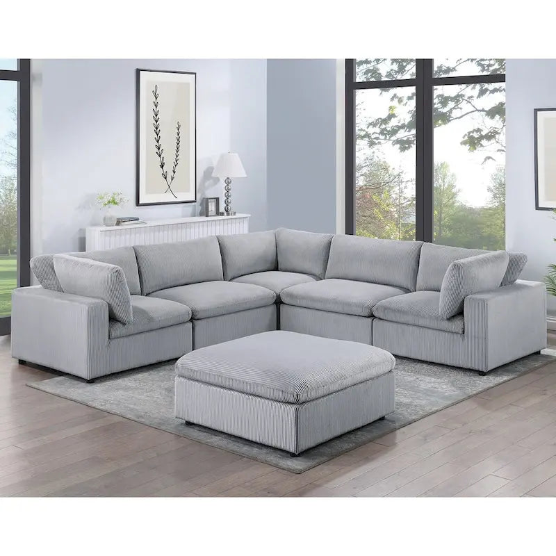 Corduroy Modular Sectional Sofa with Ottoman, Sage/Light Gray, Seats 6