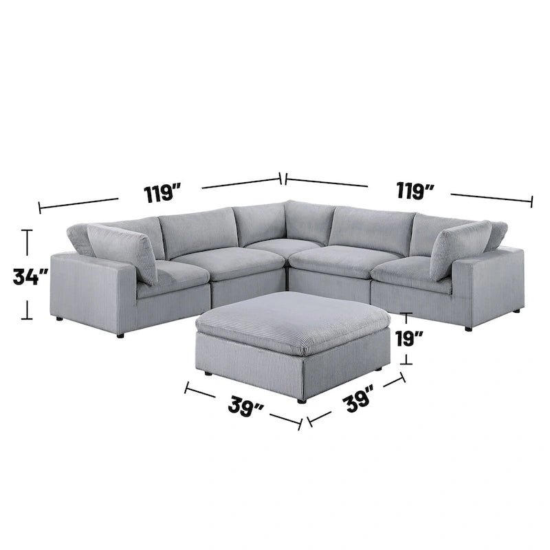 Corduroy Modular Sectional Sofa with Ottoman, Sage/Light Gray, Seats 6