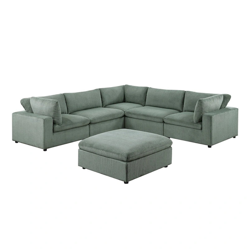 Corduroy Modular Sectional Sofa with Ottoman, Sage/Light Gray, Seats 6