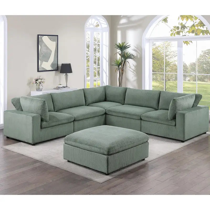 Corduroy Modular Sectional Sofa with Ottoman, Sage/Light Gray, Seats 6
