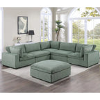 Corduroy Modular Sectional Sofa with Ottoman, Sage/Light Gray, Seats 6