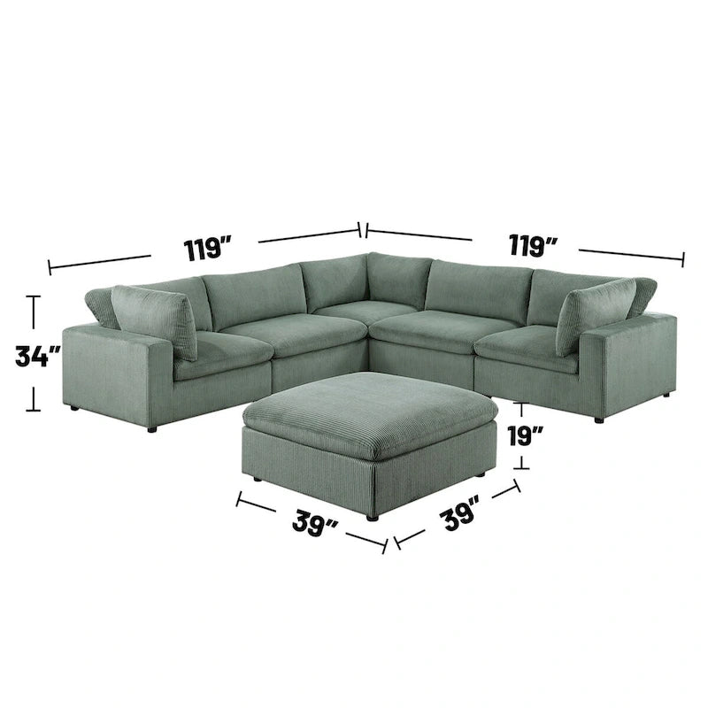 Corduroy Modular Sectional Sofa with Ottoman, Sage/Light Gray, Seats 6