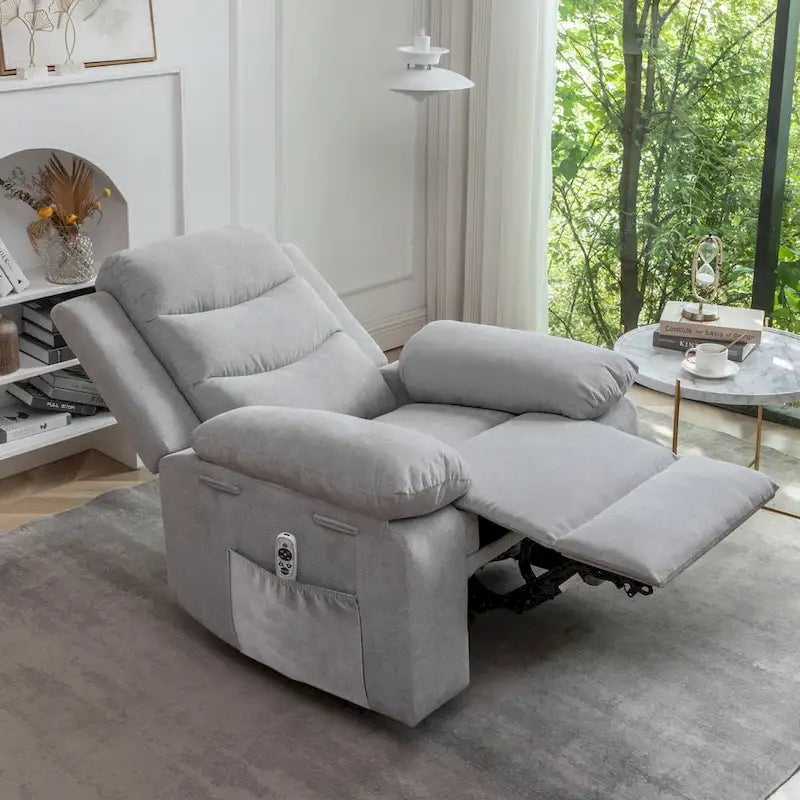 Light Gray Velvet Power Recliner Chair with Heat & Massage, Single Seat