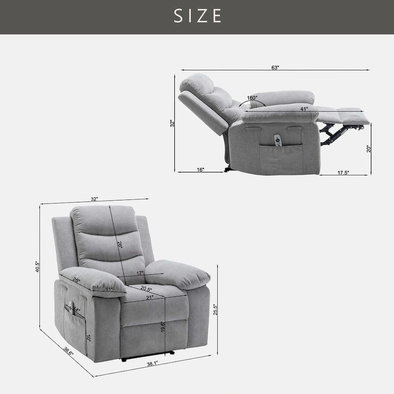 Light Gray Velvet Power Recliner Chair with Heat & Massage, Single Seat