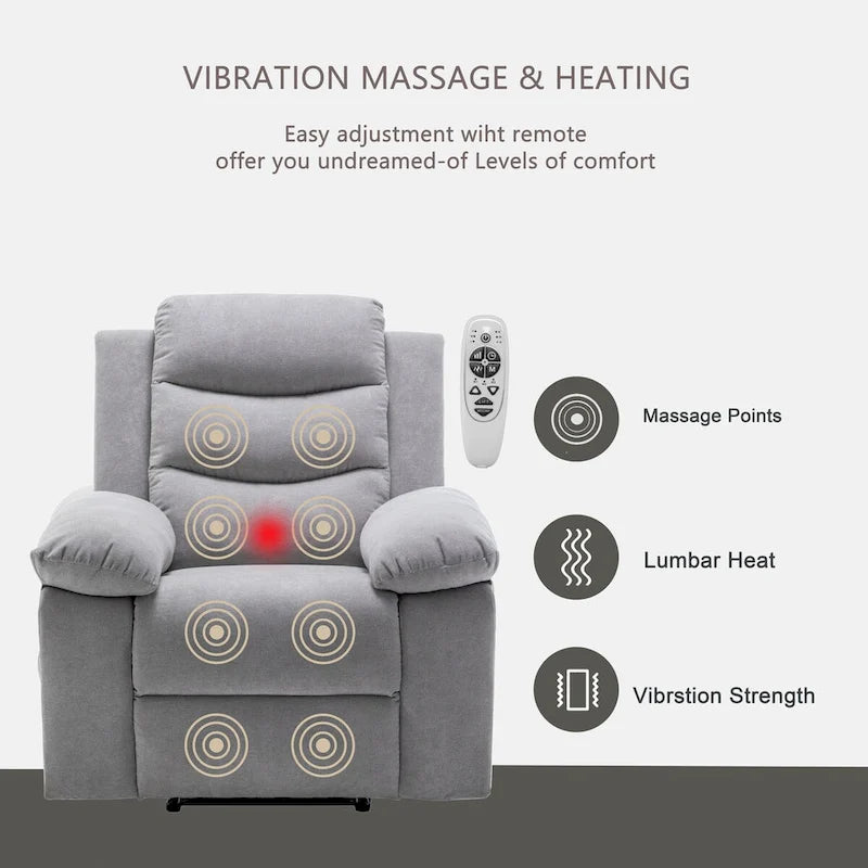 Light Gray Velvet Power Recliner Chair with Heat & Massage, Single Seat