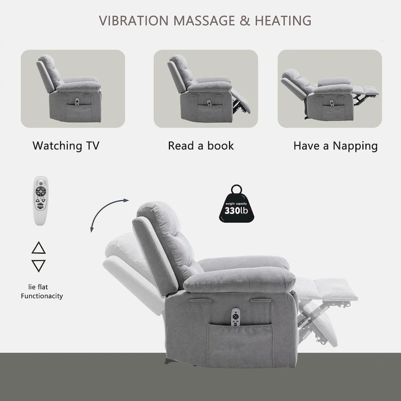 Light Gray Velvet Power Recliner Chair with Heat & Massage, Single Seat