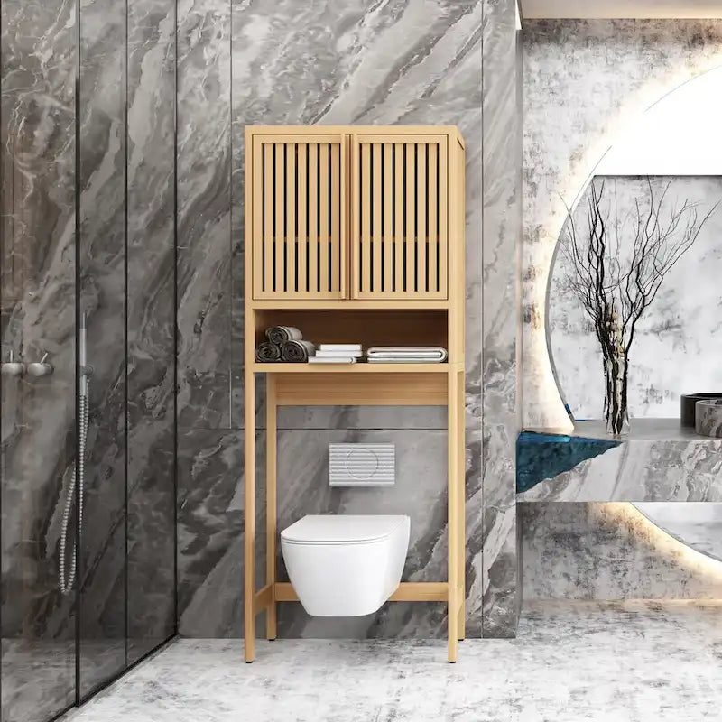 Natural Bamboo Over-Toilet Storage Shelf with 2-Door Cabinet, Freestanding, 1-Unit